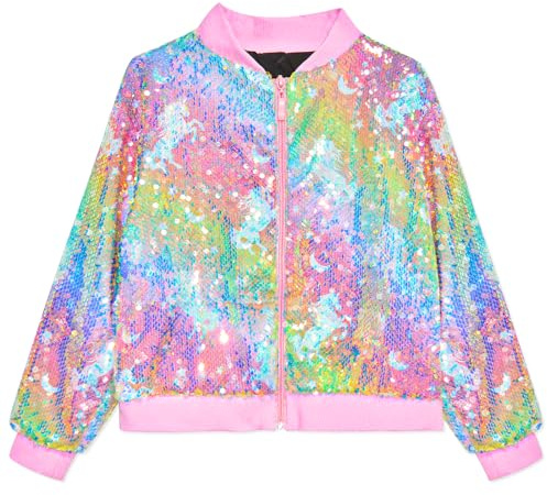 OlyPegic Girls Sequin Jackets Kids Bomber Jacket with Pockets Sparkle Outwear Glitter Zipper Coat Long Sleeve Birthday