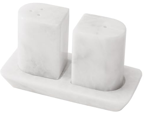 Radicaln marmor salt- och pepparkar set med bricka för köksbord | Vit marmor, handgjord, 6,3 cm, hällhål, påfyllningsbar design, 28 ml kapacitet, kök och matsal, bänkskiva organisatör
