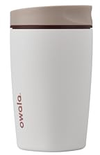Owala SmoothSip Slider Insulated Stainless Steel Coffee Tumbler, Reusable Iced Coffee Cup, Hot Coffee Travel Mug, BPA Free 355ml, Tan/White (Vanilla Bean)
