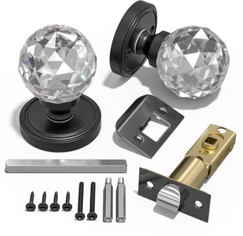 Bwintech 1 coppia di pomelli per porte in cristallo nero, maniglia per porte interne in cristallo stile palazzo da 65 mm con kit per passaggio, camera da letto, corridoio