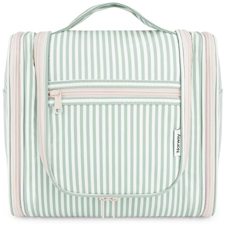 Narwey Groß Streifen Kulturbeutel Damen & Herren - Gross Kulturtasche Zum Aufhängen, Kinder Kosmetiktasche - Waschtasche für Mädchen (Mintgrünes Streifen (Groß))