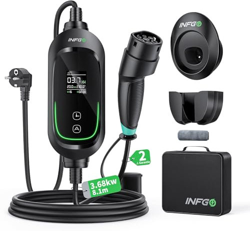 INFGO Mobile Wallbox 3,68kW [1-phasig, 8,1m, 6-16A], EV Charger mit Einstellbarer Ladeleistung, Timer-Funktion, Typ 2 Ladekabel Schuko für Model Y/3, ID.3, i4, EQB, e-tron und weitere PHEV/EV, Schwarz