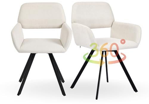 Homy Casa Lot de 2 chaises de salle à manger pivotantes à 360° en tissu beige crème avec accoudoirs et pieds en métal pour maison, étude, salon, cuisine, salle à manger, beige et pieds en chêne