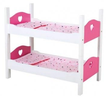 Lits superposes pour Poupon 54x29x43cm Love Coeur Rose et Blanc - lit Jumeaux en Bois + literie - Set Accessoire Poupee + 1 Carte - Fille