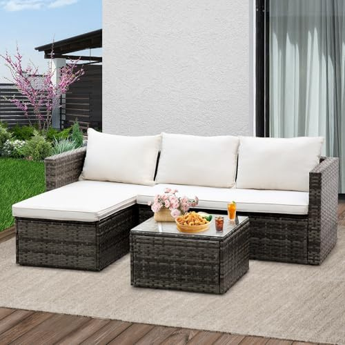 Lishetimig Outdoor Patio Furniture Sets, 3-Piece Rattan Garden Furniture Set, L-Shape Patio Seating Sofas with Glass Coffee Table and Cushions for Outside, Garden, Balcony, Porch, Poolside