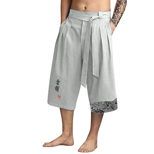 Pantalón de Kimono Tradicional Japonés, Lino Pantalones Cortos Hombre Verano Casual Moda, Ropa Asiática, Pantalones de Baño Playa, Capris Pants Estilo Japonés para Trabajo Running Correr Playa