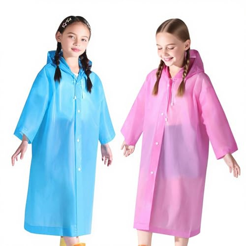 EQLEF 2 Pcs Kids Poncho Waterproof, Reusable Kids Raincoat with Hood for Boys and Girls(39.3 * 59.1in) Lightweight EVA Rain Poncho for School Festival Camping and Outdoor Activities (red and blue)