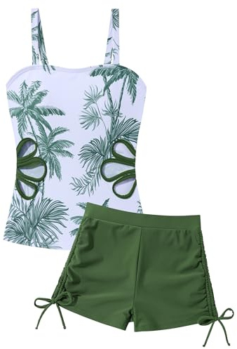 Happy Cherry Traje de baño para niña, tankini con correa de hombro ajustable, top y bañador para niños, dos piezas, ropa de baño para adolescentes, moda estampada, verde, 13-14 años