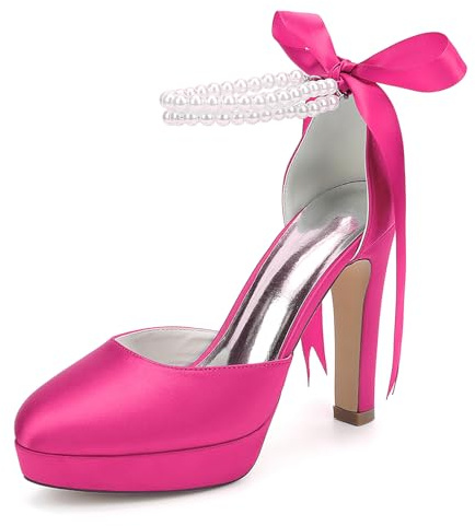 MlYJmer Zapatos de tacón Alto de Plataforma para Novia, Zapatos de salón de satén con Correa al Tobillo y Perlas, Ideales para Bodas, Fiestas y graduaciones,Rose,36 EU