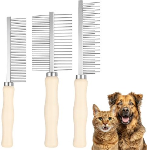 3 Pcs Metal Dog Comb with Wooden Handle for Grooming Matting | Metal Comb for Dogs Pet Grooming Comb for Dogs and Cats, Prevents Hair Pulling