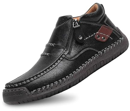 2026 Zapatos Casuales sin Cordones para Hombre, Parte Superior de Cuero, cómodos Zapatos para Caminar para Uso Diario con diseño de Cremallera Lateral, Jeans y Pantalones Casuales.