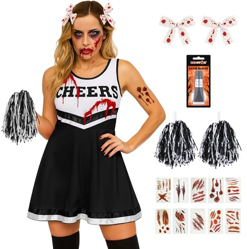 Déguisement Pompom Girl Femme Zombie Adulte - Costume cheerleader avec robe et pompons assortis et tube de faux sang, Déguisement cheerleader femme pour halloween, cosplay, carnaval