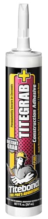 Titebond TiteGrab Plus Construction Adhesive 9 Oz. – Bonds Wood, Metal, Concrete, Tile, Foam & More, Instant Grab, Fast Strength, Waterproof, All-Weather Use – 6701