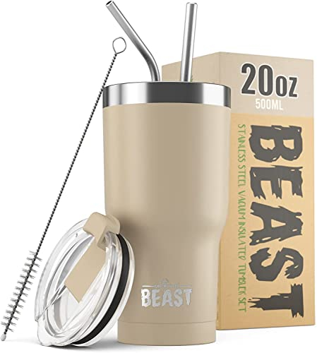 Beast Tumbler – 550 ml (20 oz), Sable | Gobelet isotherme en acier inoxydable réutilisable | Avec 2 pailles et brosse de nettoyage | Double paroi, idéal pour café chaud ou glacé | Sans BPA