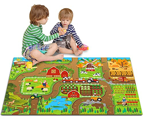 Oriate Glücklich Spielteppich Bauernhof für Kinder, Spielteppich Kinder Aktivitäts Spielmatte, Interaktive Eltern Kind Spielmatte für Bauernhof Spielzeug traktor, Lernspielzeug Geschenk(Nicht Teppich)