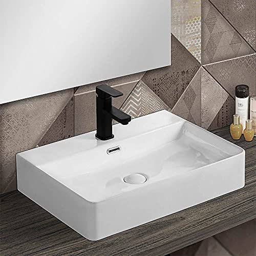 Lavabo da appoggio in ceramica bianco rettangolare, 3 larghezze disponibili, con foro miscelatore (Larghezza 60 cm)
