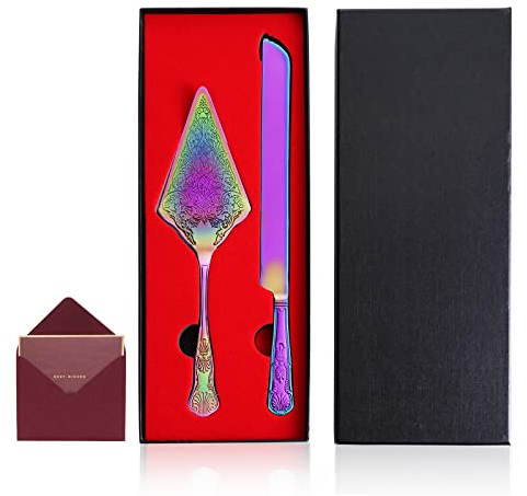 Cake Knife and Server Set: Stainless Steel Wedding Cake Cutting Set Plating with Carved Pattern Design Elegant Cake Pie Pastry Server Spatula Set Perfect for Wedding Birthday Shower Parties(Rainbow)