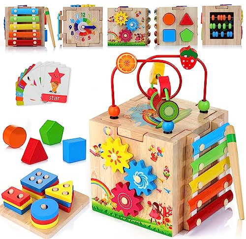 HELLOWOOD 8 in 1 Motorikwürfel ab 1 Jahr Aktivitätswürfel Stapel- und Sortierbrett Wort Karten(Auf Englisch) Motorikspielzeug Baby Montessori Spielzeug Geschenk für Kinder