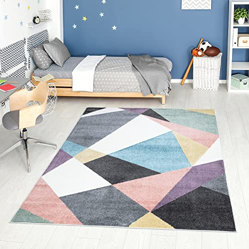 carpet city Teppich Kinderzimmer - Jugendzimmer-Teppich - 80x150 cm - Multi - Modern Geo-Muster - Kinderteppich Kurzflor - Moderner Teenager-Teppich