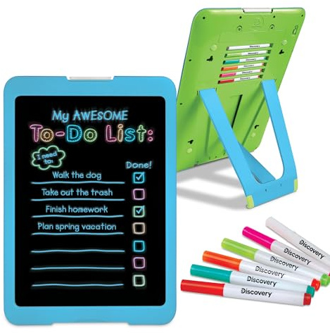 Discovery Neon Glow Drawing Easel w/ 6 Color Markers, Built-in Kickstand/Wall Mount, 5 Light Modes, Easy Clean/Washable, Wide Screen, Flat Storage, Portable Travel Activity, Electronic Activity