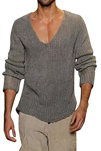 Pull Col V Homme Grandes Tailles, Pulls Hiver Homme Sexy V Profond Tricot Couleurs Pures Manche Longue de Mode Sweater Doux Chauds Confortable Chandails Coupe Slim Fit Loisirs Sweaters
