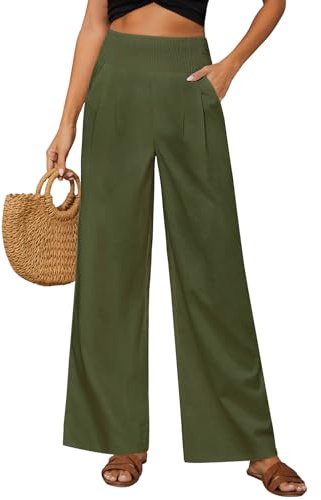 Niwicee Pantalon Fluide Femme Été Salon avec Poches Pantalon Fluide Femme Pantalon Ample À Jambes Larges-Vert-L