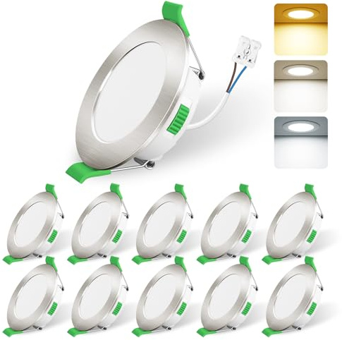ALUSSO Set med 10 infällda LED-spotlights, 68 mm, AC 220–240 V, 5 W, infälld takspotlights, 3 000K, 4 000K, 6 500K, justerbar, IP44, LED-badrumspotlight för vardagsrum, kök, nickel