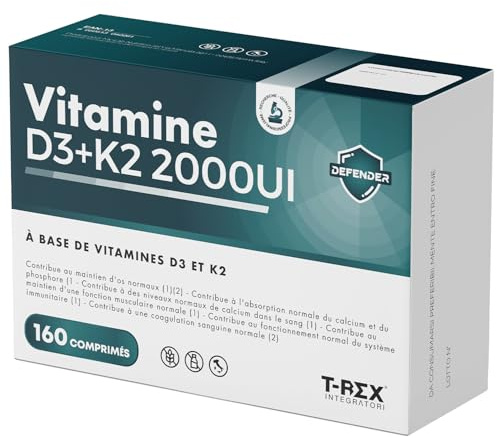 Vitamina D3 2000 UI + Vitamina K2 160 compresse ad Alto Dosaggio per Articolazioni, Ossa, Denti, Muscoli, Sistema Immunitario ed Assorbimento del Calcio e del Fosforo (160 Unità (Confezione da 1))