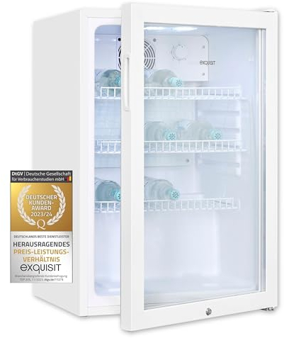 Exquisit Glastürkühlschrank GKS120-GT-160C weiss | Nutzinhalt: 118 L | Türschloss | 3 Gitterablagen | Umluftventilator | Standgerät