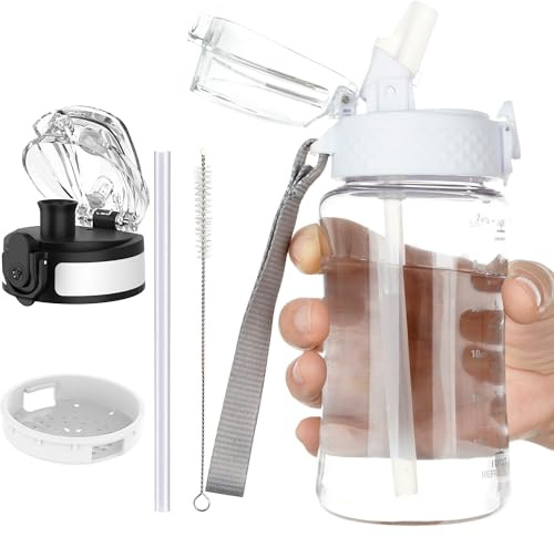 OLDLEY Kids Water Bottle for School, 12 oz (2 lids) BPA-Free Reusable Leak-proof Durable Tritan Plastic Water Bottles with Straw & Chug Lids, Anti-dust Spout Cover (Clear)