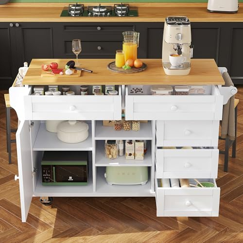 Ymkua Küchenwagen, Kücheninsel Küchenschrank Esswagen Anrichte, Anrichte mit Rollen, Anrichte mit Türen e 5 Schubladen, Buffetschrank mit Lagerregal, Mobiles und Festes Dual-Use, Weiß, 134x46x92cm