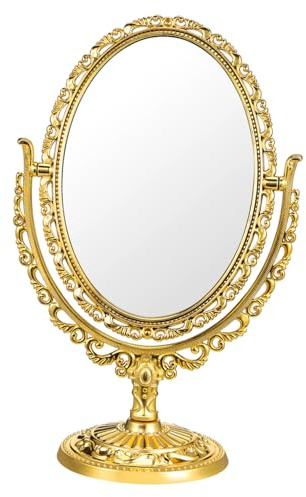 PAMINGONO Kosmetikspiegel Oval Gold Schminkspiegel Mit Doppelseitigem Europäischen Stil Drehbarer Spiegel Für Zuhause Badezimmer Und Schlafzimmer Made of Plastic and Glass