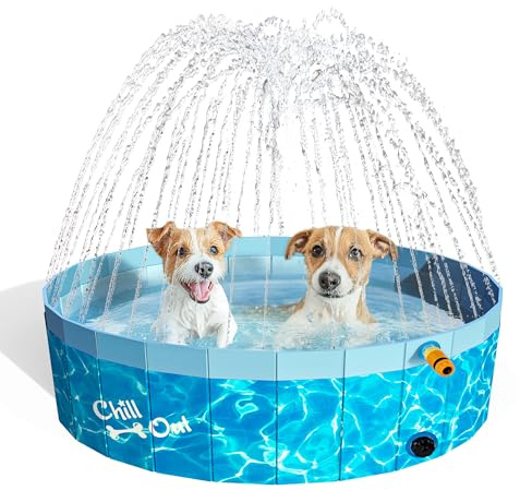 ALL FOR PAWS Large Dog Pool with Sprinkler, 2-in-1 Foldable Dog Swimming Sprinking Pool Non-Slip Hard Plastic Splash Sprinkler Kiddie Pool for Outdoor Backyard Dogs Ducks and Pet Baths (120CM)