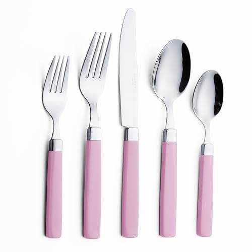 ANNOVA Juego de cubiertos de acero inoxidable, mangos de colores, tenedores, tenedores de ensalada, cuchillo de mesa, cucharada y cucharadita (rosa claro, 20 piezas)