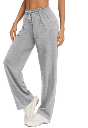 Litherday Pantalon de Jogging Femme Sport en Coton Jambes Larges Taille Haute Pantalon Doux Fitness avec élastique pour Yoga, Course et détente avec Poches (Gris Clair, XXL)