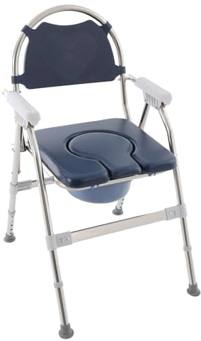 Silla de baño plegable para personas mayores, silla de ruedas de ducha regulable en altura, capacidad de carga 150 kg, silla de inodoro con asiento acolchado y cubo, estable y cómoda (azul marino)