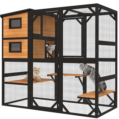 Outdoor Wooden Cat Dog House, Large Size, Weatherproof with Asphalt Roof, Windproof and Waterproof, Metal Reinforced Frame, Insulated Pet Shelter