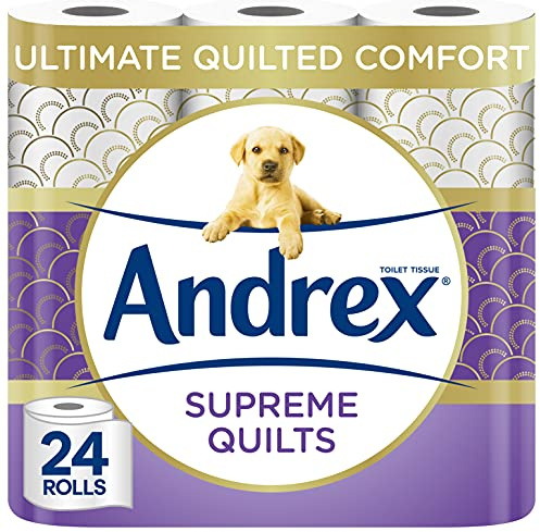 Andrex Supreme Quilts Quilted Toilet Paper - 24 Toilet Roll Pack - 25% Thicker Than Before to Provide Ultimate Quilted Comfort with Unique Air Pocket Texture