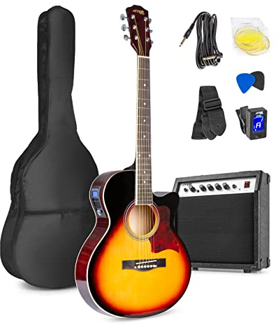 MAX Guitarra Acústica Eléctrica Sunburst - Set Completo con Amplificador 40W, Funda, Afinador Digital, Correa, Púas y Cuerdas de Repuesto - Perfecta para Principiantes y Profesionales