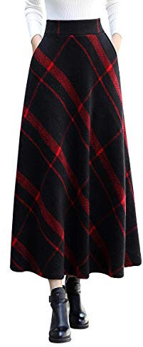 Damen Lange Rock Elegant Wollrock Winterrock Warm Plaid Casual Party Maxirock Hohe Taille A-Linie röcke Retro Elastische Taille Faltenrock 12 -M