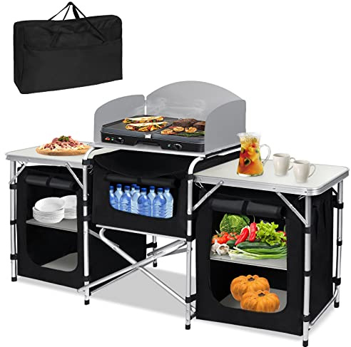 NAIZY Campingkök 174 x 46 x 110 cm, utomhus, camping, skåp, vikbart campingskåp med MDF-densitetsplatta, camping, kök med aluminium och oxfordtyg, campingmöbler, modell A