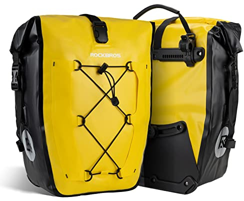 ROCKBROS Bike Pannier Bag 25L-32L 100% Waterproof Rear Rack Bicycle Bag for Rear Carrier Bike Handbag for Cycling Touring Travelling Yellow 2PCS