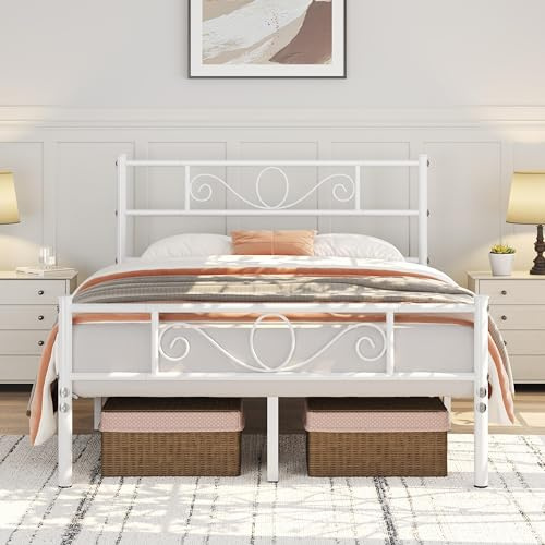 Yaheetech 4ft6 Double Metal Bed Frame Solid Bedstead Base with Headboard and Footboard, Metal Slat Support and Underbed Storage Space, White