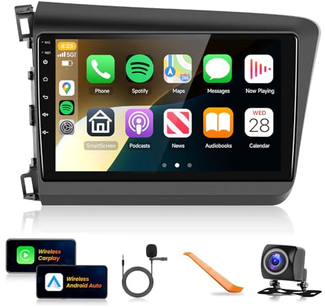 Car Radio Stereo for Honda Civic 2012 2013 2014 2015 with Wireless Carplay Android Auto 9 1080P HD IPS Touch Screen Bluetooth GPS WiFi HiFi Audio 16EQ DAB 2 USB SWC Backup Camera Support OBD2/DVR