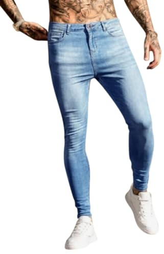 Osheoiso Vaqueros Rasgados de Hombre Skinny Denim Jeans Vintage Pantalone con Cremallera Moda Casuales Elasticos Agujero Pantalón Largo Vaqueros Ajustados H Azul Claro L
