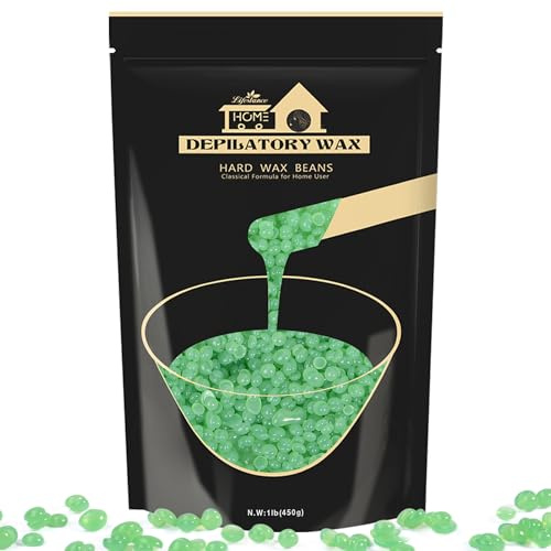 Lifestance 450g perle di cera con 10 spatole di legno per depilazione, cera verde all'aloe per rimozione dei peli per ceretta brasiliana a tutto corpo intimo, viso, corpo, gambe e braccia