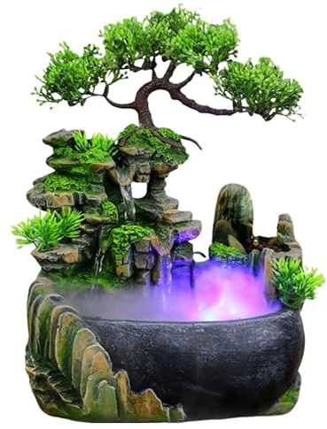 SOPERIT Tischbrunnen mit LED-Beleuchtung Wohnzimmer Büro Wasserfall Desktop Bonsai Ornament Dekoration (mit Nebel, Grün)
