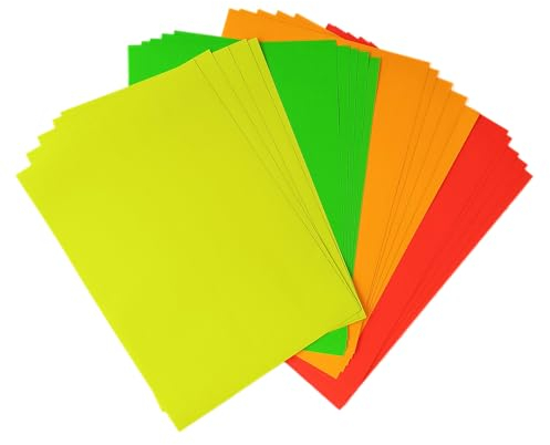 20 Blatt A4 Fluoreszierendes Selbstklebepapier 80g (Packung mit 4 Farben, 5 Blatt pro Farbe) - Rückseite mit Riss, leicht zu entfernen - Fluoreszierendes Etikettenpapier
