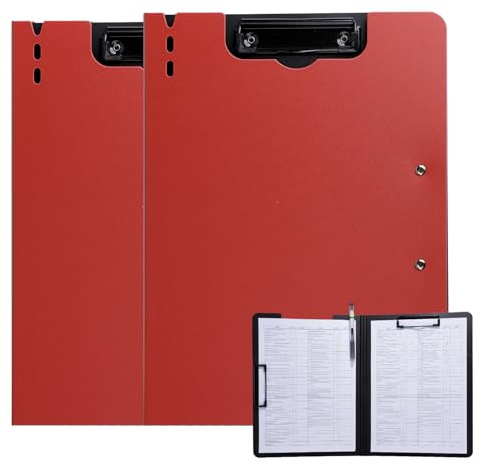 FRETONBA Clipboard A4 with Double Clips, 2 Pieces Foldover Clip Board | Plastic Document Folder with Cover, Lightweight Personal Organiser Suitable for School, Office, Industry, Red