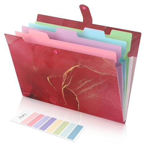 SKYDUE Document Organiser, A4 Expanding File Folder, Colored Plastic Folders,Sturdy and Protective File Storage to Organise Paperwork, Receipts, Invoices, Bills, Documents(Marble Red)